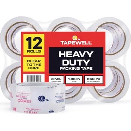 TAPEWELL Clear Packing Tape, 1.88 Inches x 54.6 Yards, Heavy Duty Tape with 3'' Core, Pack of 12