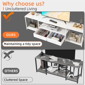 GYIIYUO TV Stand with Fabric Drawer for 65 70 75 Inches TV - Entertainment Center and Industrial TV Console Table with Open Storage Shelves for Living Room, Bedroom - 63" White