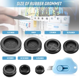 Round Rubber Plug Hole Grommet Kit 7 Sizes Black Double Sided Electrical Firewall Gasket Kit with Retractable Box Knife for Protecting Cable Wire Hole Plug Assortment Automotive Supply (104 Pieces)