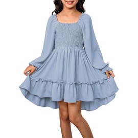 blibean Tween Girl Fall Ruffle Long Sleeve Dress Big Kid Solid Casual Boho Fancy Party Smocked Dresses Young Semi Formal Swing Dressy Outfit Clothes Size 10-11 Year Old Light Blue