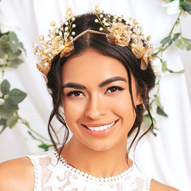 Woeoe Crystal Pearl Headband Gold Beaded Crown Headpiece Bride Wedding Party Headwear Hair Accessories for Women