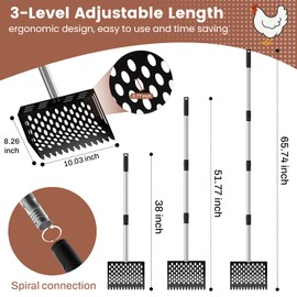 2-in-1 Chicken Poop Scooper & Rake,10" Wide Metal Sand Sifting Shovel with Grip,Chicken Coop Scoop for Poop Shavings Cleaning,Litter Scooper for Chicken Coop Accessories,Adjustable Handle (24" to 66")