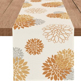 WHOMEAF Orange Grey Table Runner Wild Dahlia Pinnata Flower Table Runners Modern Elegant Pompon Farmhouse Geometric Table Center Decor for Home Kitchen Dining Party Patio (13x36 Inch)