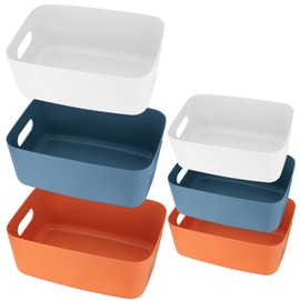 6 Pieces Storage Boxes, Storage Basket Boxes, Plastic, Stackable Storage Box Organiser with Handles for Kitchen Shelf, Bathroom, Cosmetics, Cupboard - 2 Sizes