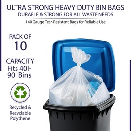 Bag it Plastics Heavy Duty Clear Recycling Bin Bags (Pack of 10) - 140 Gauge Ultra Strong Bin Liners, Clear Bin Bags for 40L-90L Bins, Ideal for Recycling and Waste - Refuse Sacks 18” x 29” x 39”