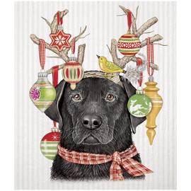Mary Lake-Thompson Black Lab with Holiday Antlers Cleaning Towel, Eco-Friendly, Machine Washable