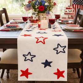 QIONG MENG 4th of July Table Runner Stars Embroidered Table Decoration for Home Memorial Day Independence Day Patriotic Indoor Kitchen Dining Decor 13x72 Inch