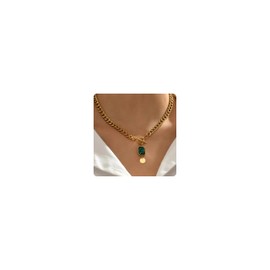 Mauzew 18K Gold Plated Necklaces for Women Emerald Cuban Link Chain Toggle Clasp Necklaces Dainty Chunky Curb Chain with Green Gemstone Pendant Everyday Jewelry