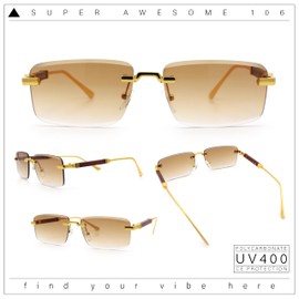 SA106 Luxury Beveled Lens Rich Art Retro Rimless Gangster Narrow Rectangle Sunglasses Gold - Brown