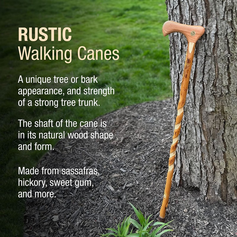 Brazos Rustic Wood Walking Cane, Twisted Hickory, Traditional Style Handle,