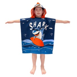 growell Hooded Kids Beach Towels - Toddler Bath Towel Girls Boys Swim Cover-ups for Ages 1 to 6 Kids Pool Towels Quick Dry Lightweight Soft Microfiber Poncho Towel 24x23 (Shark Surfing)