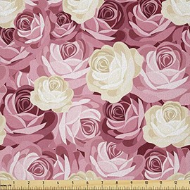 Lunarable Roses Fabric by The Yard, Feminine Pattern Victorian Gardens Inspired Vintage Floral Pastel Colored Arrangement, Microfiber Fabric for Arts and Crafts Textiles & Decor, 2 Yards, Cream