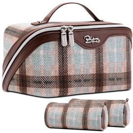 BOYATU Travel Makeup Bag for Women: Scottish Plaid 3 Pcs Set Cosmetic Organizer Bag - 180° Open Large Spacious Holds 50% More Cosmetics - Waterproof Leather Checkered Toiletry Bag (03-Beige)