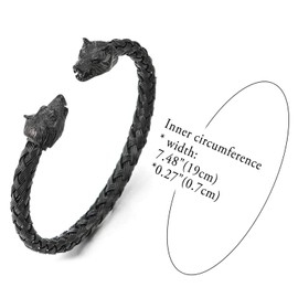 JewelryWe Men's Stainless Steel Bangle Bracelet, Facing Wolves’ Heads, Braided Wire Cable, Viking / Biker Style, Open Bangle, Silver / Gold / Black, Stainless Steel, Black