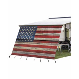 Huotupsine American Flag RV Awning Sun Shade Screen 9' x 15'3", Red Striped Blue Star Mesh RV Awning Shades Complete Kits, Vintage Wooden Sunlight Blocker Outdoor Canopy for Camping Trailer Motorhome