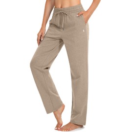 SANTINY Women's Cotton Sweatpants Yoga Lounge Casual Pants Open Bottom Sweat Pants for Women with Pockets (Khaki_XXL)