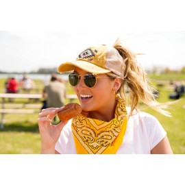 Funky Junque Criss Cross Hat Womens Baseball Cap Distressed Ponytail Messy Bun Trucker Ponycap, Aztec Design - Yellow, One Size