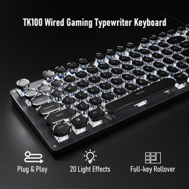 SEUNKWANG EWEADN TK100 Typewriter Keyboard Wired Mechanical Keyboard, 104 Keys Aesthetic Typewriter Keyboards with White Backlit, Anti-Ghosting, Blue Switch Wired Cute Keyboards-Black