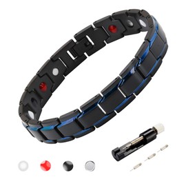 Magnetic Bracelets for Men, Lymphatic Drainage Therapeutic Magnetic Bracelets, Adjustable Length with Sizing Tool Fashion Accessories, Stainless Steel 4 IN 1 Elements Therapy Jewelry with Gift Box Adjustable Design (Black Blue)