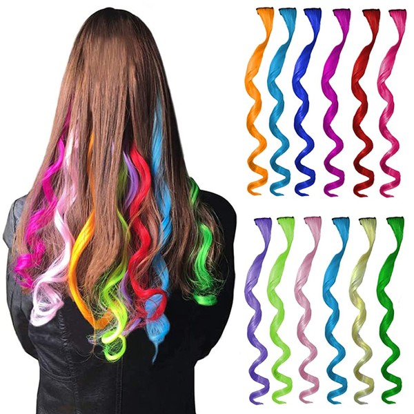 Women & Girls Coloured Hair Extension Clip, Colourful Hair Strands Accessories 50 cm / 20 Inch Highlights Clip in Curl Extensions Synthetic Hairpiece Hair Accessories Girls Women Pack of 12