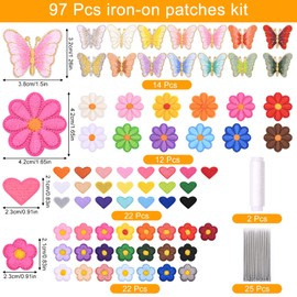 Nadisean 97 Stück Patches zum Aufbügeln Set, DIY Flicken zum Aufbügeln Kinder, Bügelflicken mit 25 Nähnadeln/2 Rollen Nähgarn Weißes, Aufnäher Bügelbilder für Textilien, Hut, Jacke, Jeans, Rucksäcke