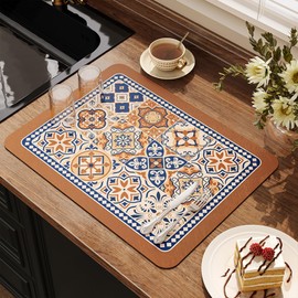 Lilithmanor Coffee Mat, Boho Style Dish Drying Mat, Fast Water Absorption, Hide Stains, Easy to Clean, Fit Coffee Bar Accessories, Bar Mats for Countertop (15.7"x19.7", Brown)