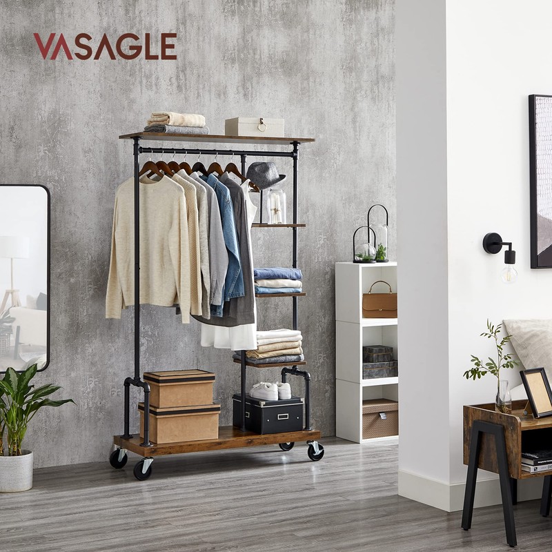 VASAGLE Clothes Rack, Clothing Garment Rack on Wheels, Rolling Clothes