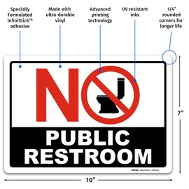 Brimar - No Public Restroom Sign - 10" x 7" 3.5 mil Vinyl Label - Bold Text and Symbol - Easy Installation