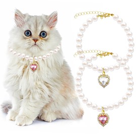 Pack of 2 Pearl Collar for Cats and Dogs, Cat Collar with Small Heart-Shaped Rhinestone, Adjustable Pet Necklace for Wedding, Birthday Party, Pet Dress Accessories, Collar
