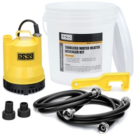 Tankless Water Heater Descaling Flush Kit Includes Submersible Utility Pump with Adapters 3 Gallons Pail with Bucket Lid Opener and Two 3/4" GHT X 6FT PVC Black Hoses Easy Installation to Clean