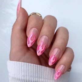 IMSOHOT Pink Press on Nails Medium Almond Fake Nails Flame Pattern Design Glossy French Tips Glue on Nails for Women DIY Charm Manicure 24Pcs
