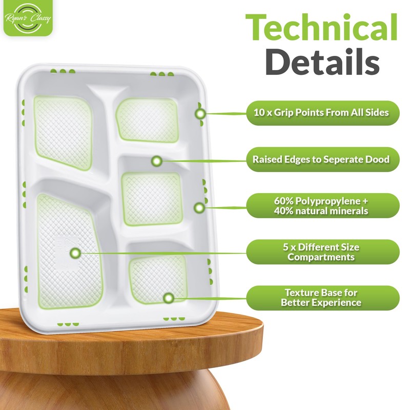 Ryan's Classy Plastic 5 Compartment Plates Disposable, 125 Pack Heavy-Duty