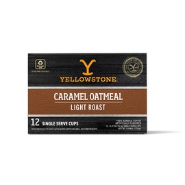 Yellowstone Caramel Oatmeal Light Roast Coffee, Single Serve Recyclable Pods/Cups, 100% Arabica Beans, 12 Count