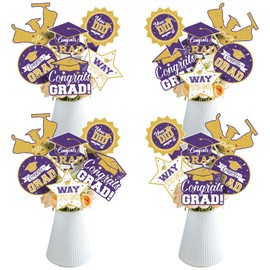 2025 Graduation Party Decorations - 24 Pcs Class of 2025 Congrats Grad Table Centerpieces Graduation Table Decorations Sticks Table Toppers for Graduation Party (Purple Gold)