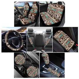 Wanyint Aztec Cow Print Retro Car Accessories Set 12 PCS, Front and Back Car Seat Covers Steering Wheel Cover Seat Belt Pad Armrest Cover Coasters Handbrake Gear Shift Cover Fit for Most Vehicles