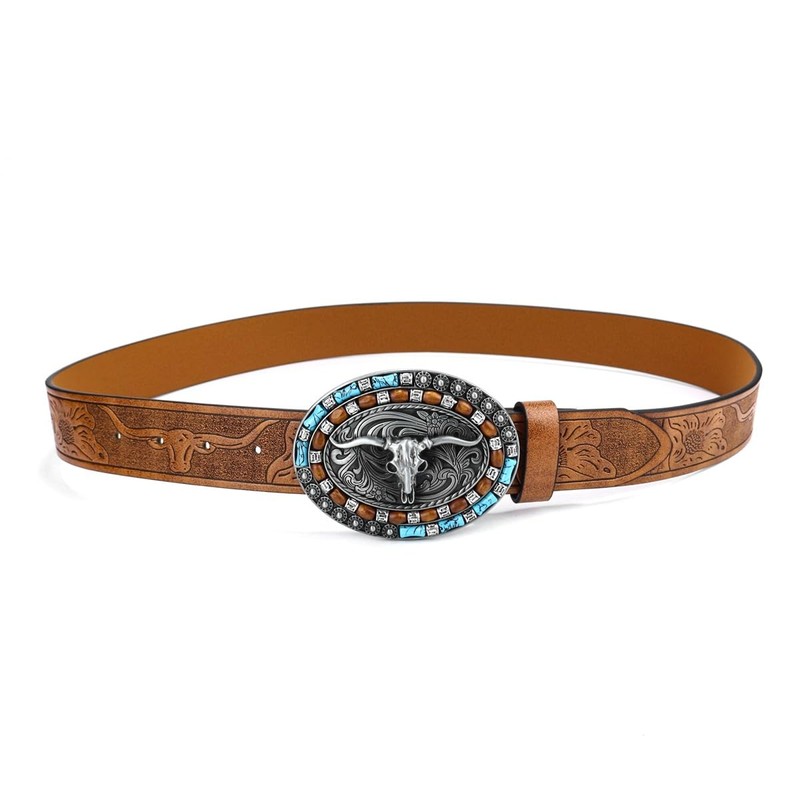 UwantC Western Cowboy Cowgirl Leather Belts Women Men Turquoise Embossed