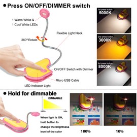 LUXSWAY Rechargeable Reading Book Light for Kids,3 Colors Reading Light for Books in Bed,Clip-On Book Night Light for Bed with Flexible Gooseneck,Cute Bookmark Light with Dimmable for Bookworms-Pink