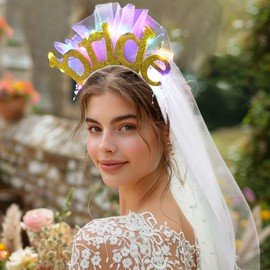 JEAIRTS Light Up Bride Headband White Pearl Bridal Headpiece Led Bachelorette Party Veil Glowing Hair Accessories for Women(2-Gold)