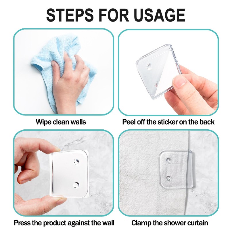 Binxus 15 Pcs Clear Shower Curtain Clips Self-Adhesive Shower Splash
