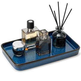 10"×6"×1" Bathroom Vanity Tray for Countertop- Ceramic Decorative Organizer Tray for Dresser Tops, Toilet, Perfume, Sponge Holder Soap Dish Dispenser for Kitchen Counter- Kiln-Transformed Blue