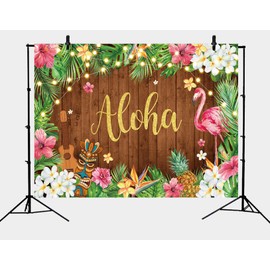 Summer Aloha Luau Party Backdrop Hawaiian Flamingo Background Palm Leaves Floral Wood Decor Banner Happy Birthday Photo Photography Supplies (7x5FT)