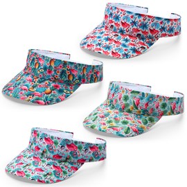Glitopper 4 Pcs Hawaiian Visor Hat for Women Men Tropical Beach Adjustable Empty Top Sport Visor Cap for Summer Outdoor Pool (Flamingo)
