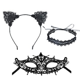 Pack of 3 Cat Costume Women's Accessory Set, Fancy Dress Cat Ears, Headband, Catwoman Mask, Carnival Cat Ears, Fancy Dress Costumes Women's Sexy, Choker Black, for Masquerade Ball Party