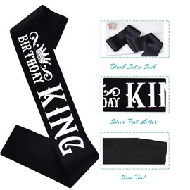 HUBEISIYU Birthday King Sash, Bday Gifts idea for Men or Boys, Funny Birthday Sash for 21st 30th 40th 50th 60th Birthday Party Suppiles, Black + Silver(Birthday King)