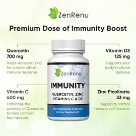 Zenrenu Immunity Quercetin 700 mg Zinc Vitamin C Vitamin D Immune Support Supplement with Curcumin - Easy to Absorb Immunity Supplement, 100 Vegetarian Capsules 50 Day Supply