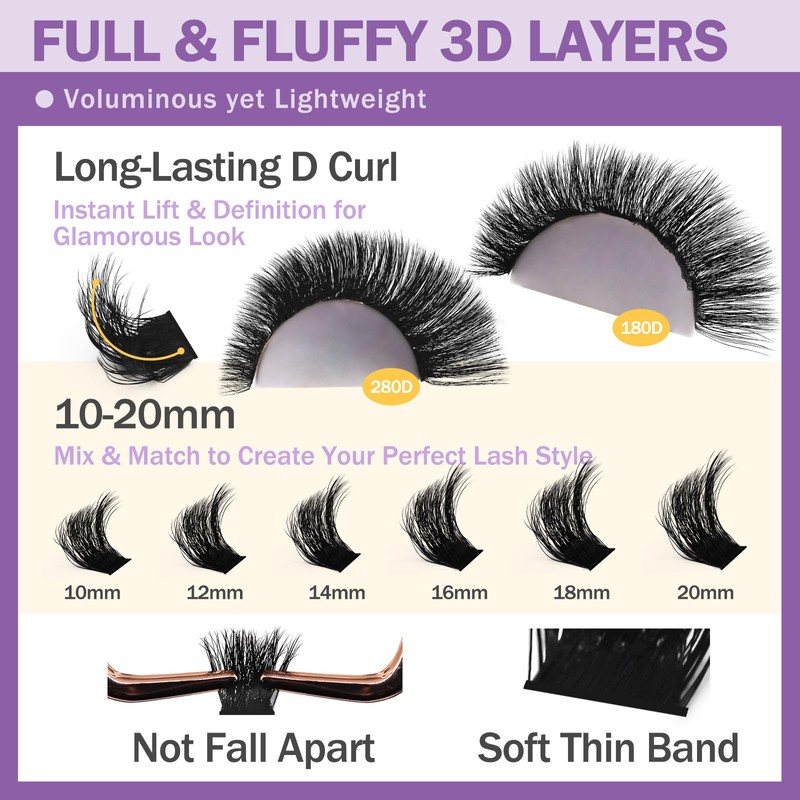 Fluffy Lash Cluster Kit 180D + 280D Mega Volume, 10–20mm