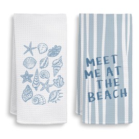 HIWX Blue Coastal Beach Kitchen Towels, Meet Me at The Beach Preppy Seashell Decorative Kitchen Dish Towels, Ocean Beachy Hand Towel for Bathroom Decor, Coastal Bathroom Decor, 16x24 Inches Set of 2