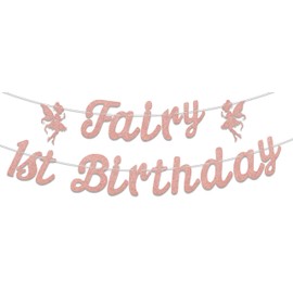KEWUFD Fairy 1st Birthday Banner, Fairy First Birthday Party Decorations, Fairy Themed Fairy Birthday Decorations, Flower Fairy Girl Happy First Birthday Anniversary Rose Gold Glitter