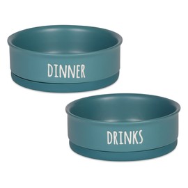 Bone Dry Ceramic Pet Bowls for Dogs & Cats Dishwasher & Microwave Safe, Non-Slip Bottom for Secure Feeding with Less Mess, Medium Set, 6x2, Teal, 2 Count
