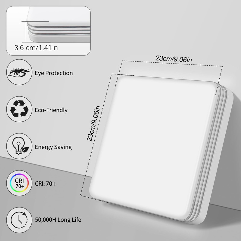 VIPMOON 9 Inch Led Ceiling Light, 36W 3240lm Square Silver
